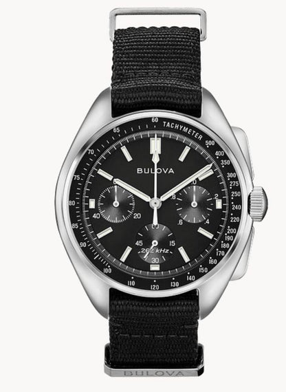 B17) Bulova Men's Archive Series Lunar Pilot 6-Hand Chronograph High Performance Quartz Stainless Steel, Black NATO Strap and Sapphire Crystal Style: 96A225