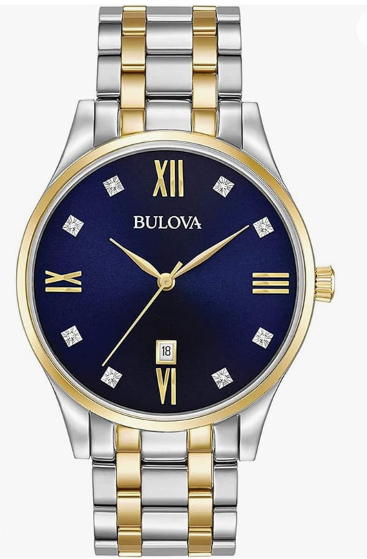 B27) Bulova Men's Classic Stainless Steel Watch with Diamonds and Day Date