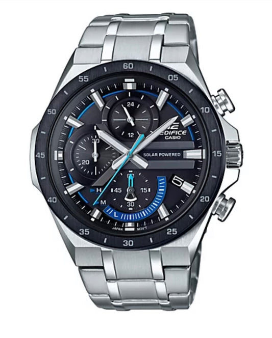 Casio Men's Edifice Solar-Powered Watch, Black/Blue Dial