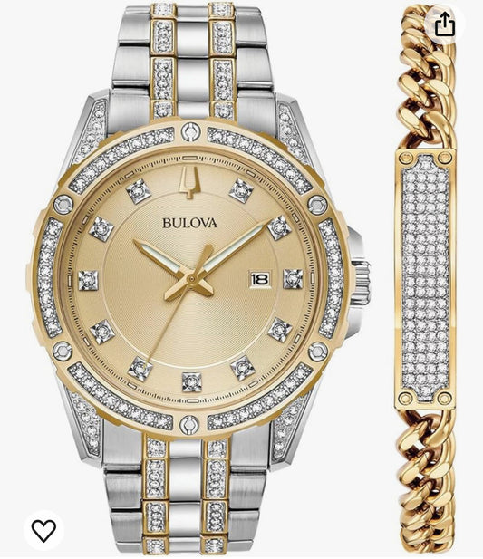 B31) Bulova Men's Crystal Accented Gift Set with 3-Hand Date Quartz Watch and ID Bracelet
