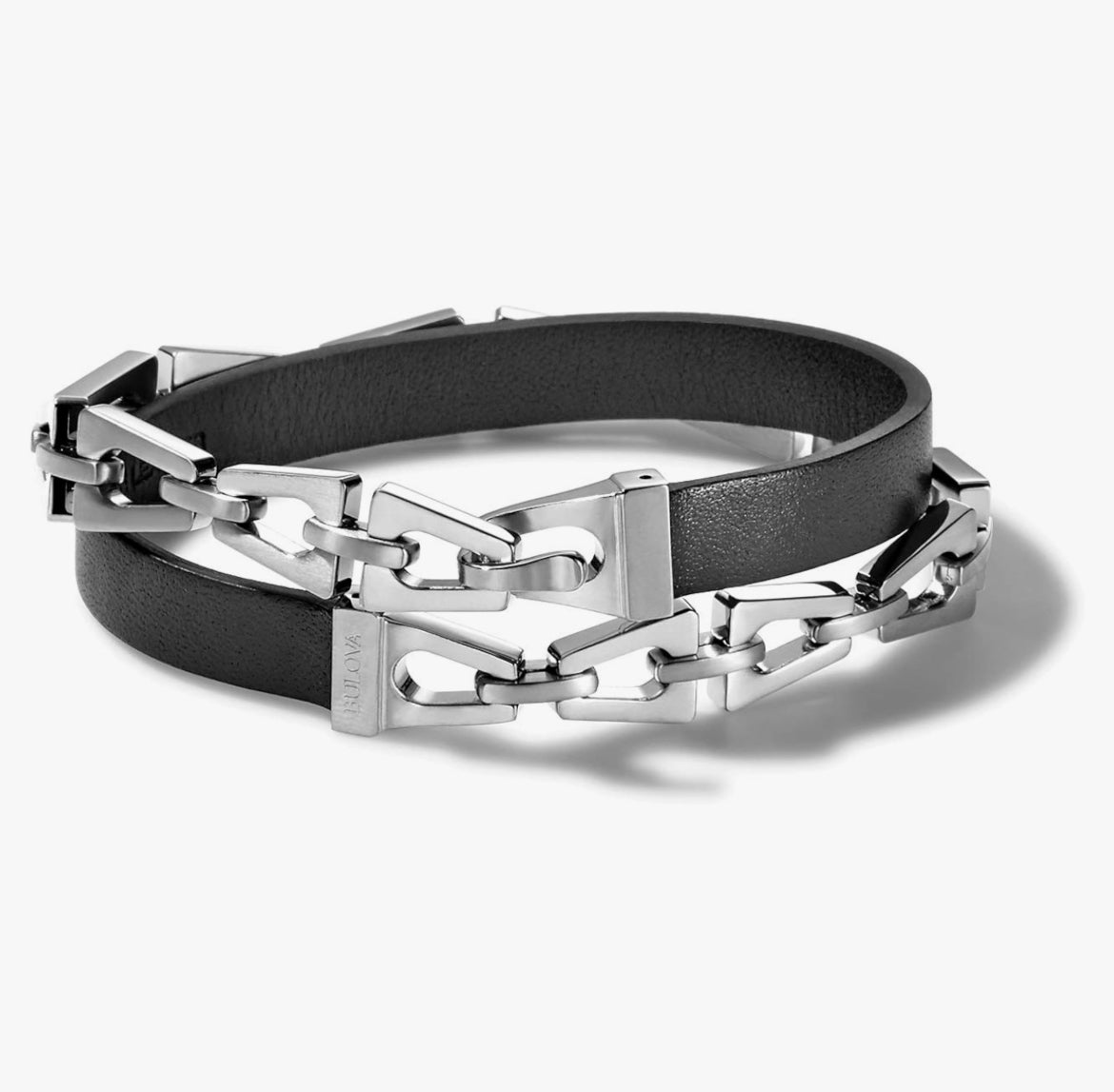 B65) Bulova Men's Stainless Steel and Black Leather Double-Wrap Bracelet (Model: J96B014L) Large