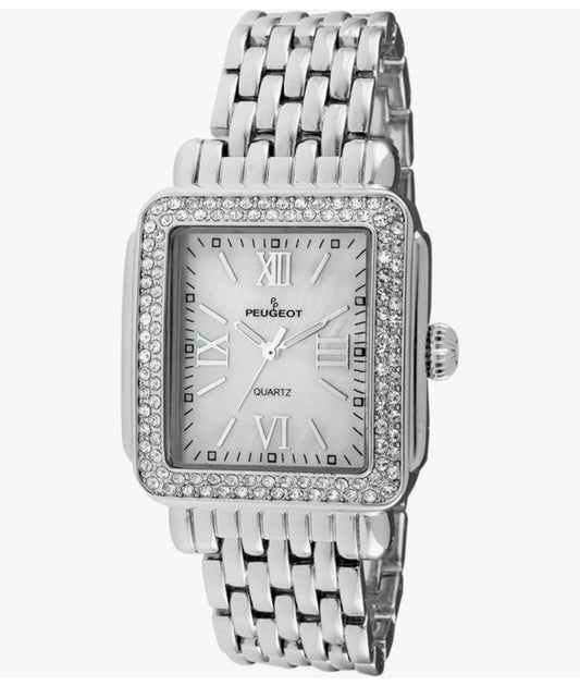 Peugeot Women Rectangle Dress Watch with Crystal Decorated Bezel, Roman Numerals and Bracelet