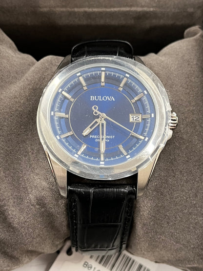 Bulova Men's Precisionist 3-Hand Calendar Stainless Steel with Black Leather Strap and Blue Dial Style: 96B257
