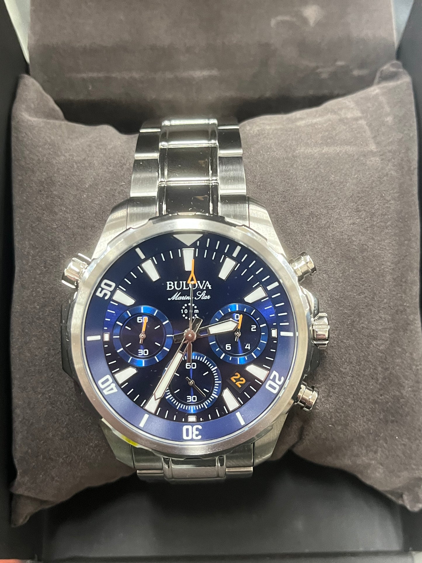 B18) Bulova Men's Chronograph Quartz Watch with Stainless Steel Strap 96B256, Blue, Bracelet