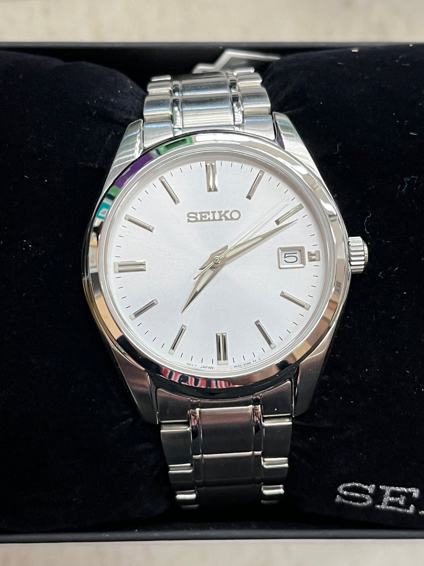 S34) SEIKO Watch for Men - Essentials - with Sunray Finish, Date Calendar, LumiBrite Hands, Stainless Steel Case & Bracelet, and 100m Water Resistant