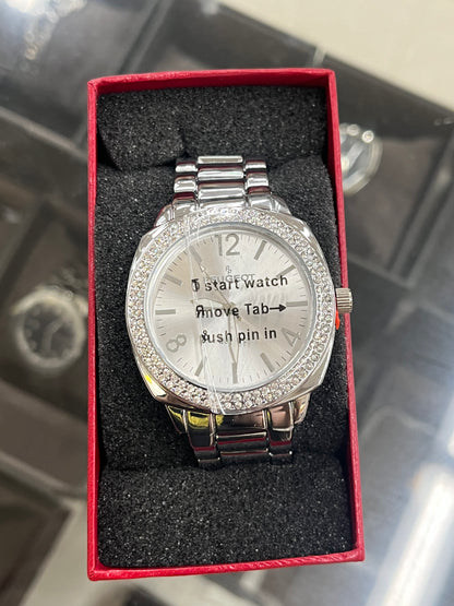 Peugeot Women's Boyfriend Oversized Watch with Swarovski Crystal Studded Bezel and Metal Link Bracelet