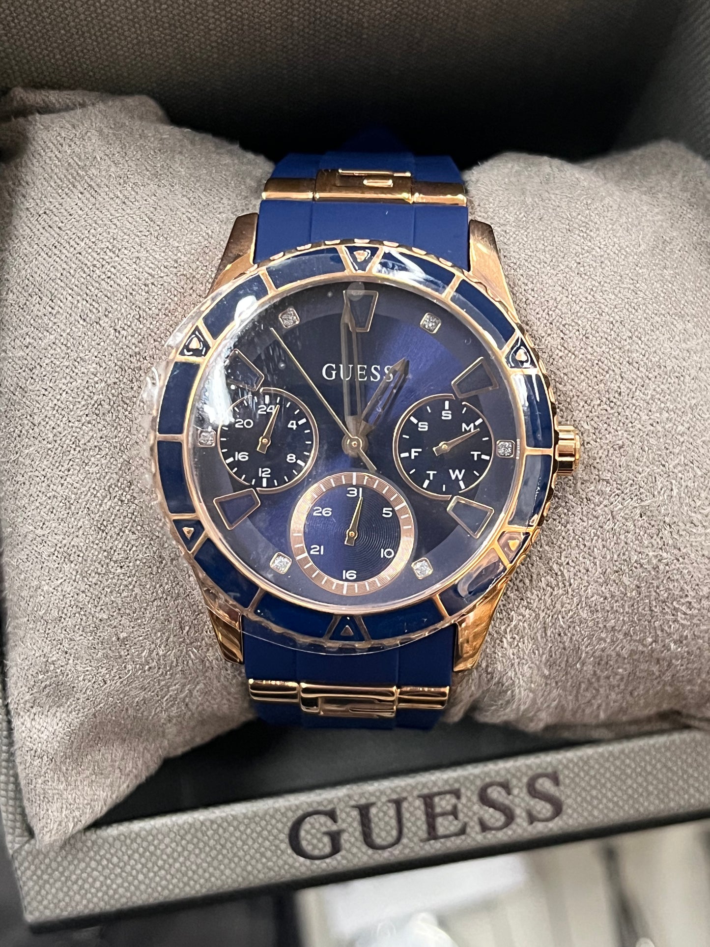 GUESS Gold-Tone + Iconic Blue Stain Resistant Silicone Watch with Day