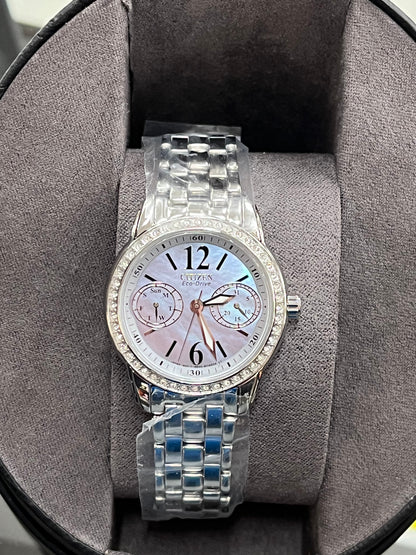 C72) Citizen Women's Eco-Drive Dress Classic Crystal Watch in Stainless Steel, Mother of Pearl Dial, 32mm (Model: FD1030-56Y)