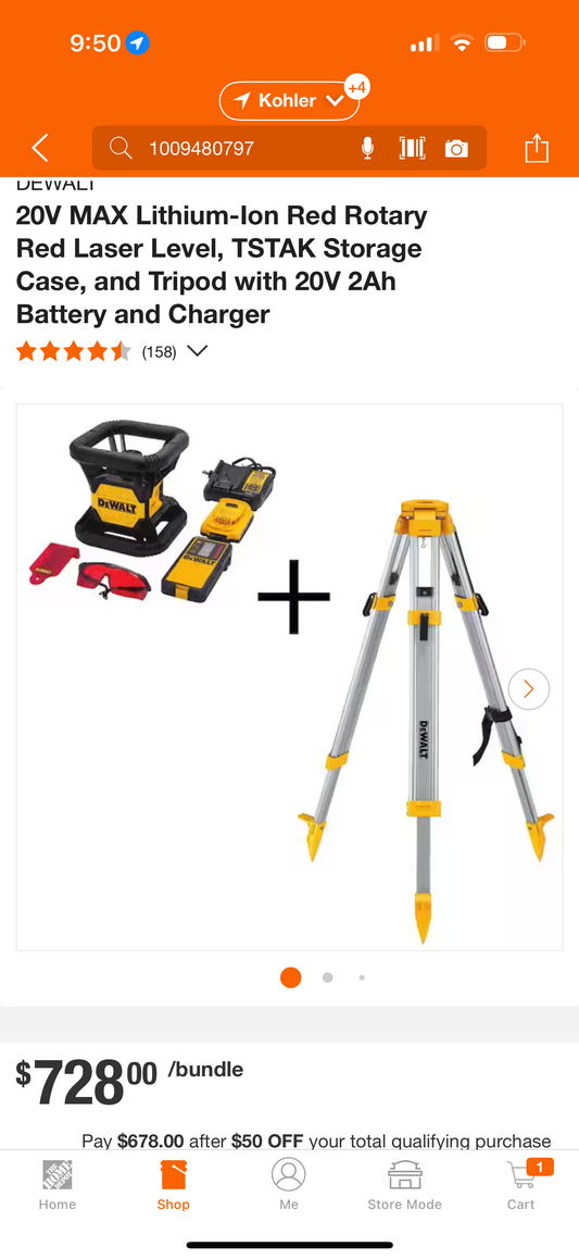 Dewalt 20V MAX Lithium-lon Red Rotary Red Laser Level, TSTAK Storage Case, and Tripod with 20V 2Ah Battery and Charger