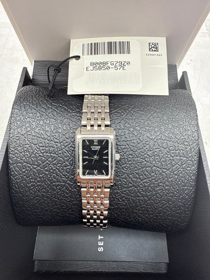 C107) CITIZEN LADIES STAINLESS STEEL SILVER TONE QUARTZ BLACK DIAL WATCH EJ5850-57E