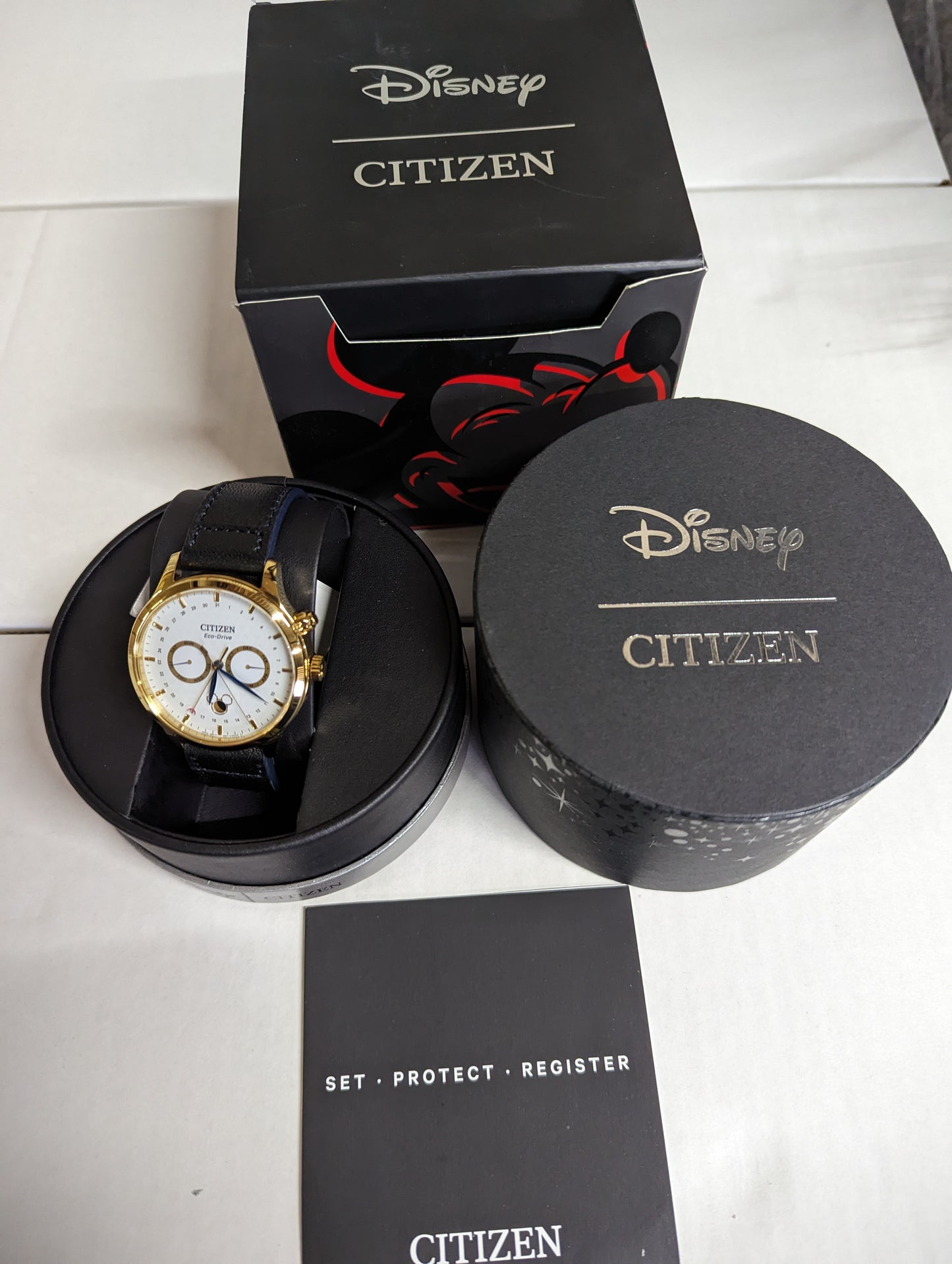 C8) Citizen Eco-Drive Mickey Mouse Moon Phase Black Strap Watch