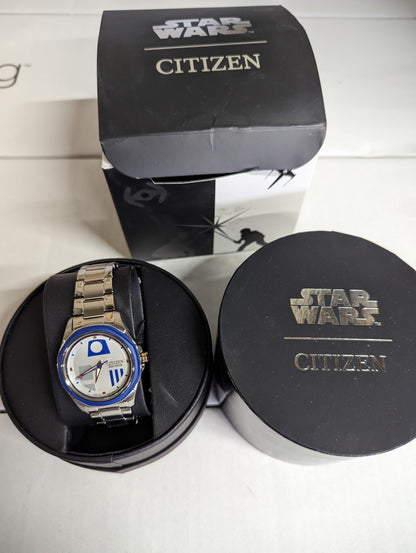 C11) Citizen Eco-Drive Star Wars R2D2 35mm Women's Solar Powered Casual Watch - Silver/Blue/White