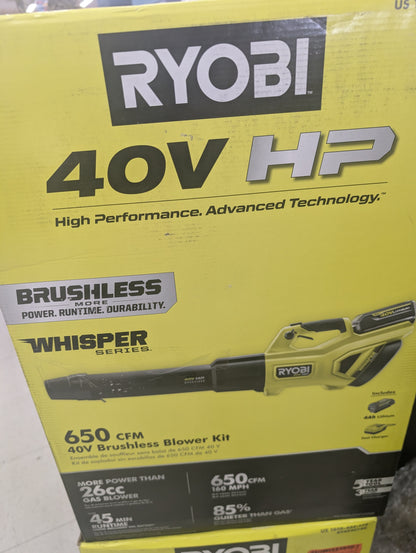 RYOBI
40V HP Brushless Whisper Series 160 MPH 650 CFM Cordless Battery Leaf Blower with 4.0 Ah Battery and Charger