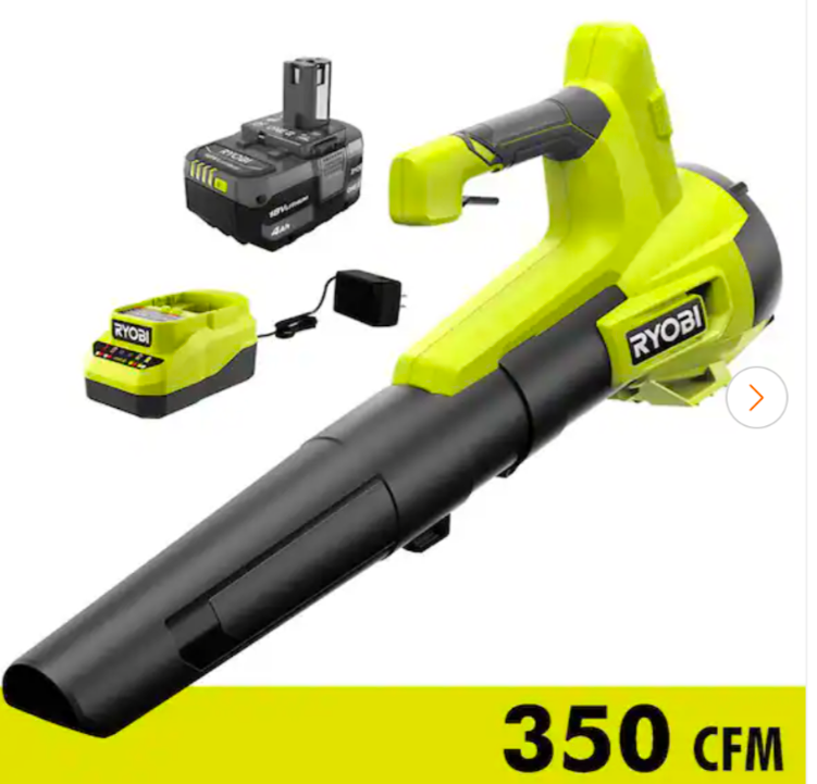 RYOBI
ONE+ 18V 100 MPH 350 CFM Cordless Battery Variable Speed Jet Fan Leaf Blower with 4.0 Ah Battery and Charger