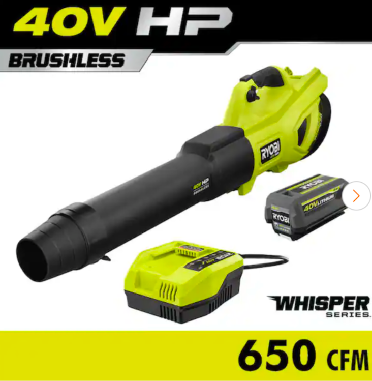 RYOBI
40V HP Brushless Whisper Series 160 MPH 650 CFM Cordless Battery Leaf Blower with 4.0 Ah Battery and Charger