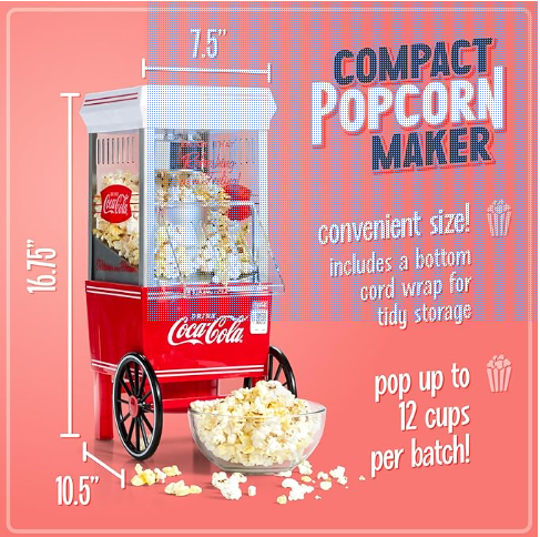 Nostalgia Popcorn Maker, 12 Cups, Coca-Cola Hot Air Popcorn Machine with Measuring Cap, Oil Free, Vintage Movie Theater Style, White and Red